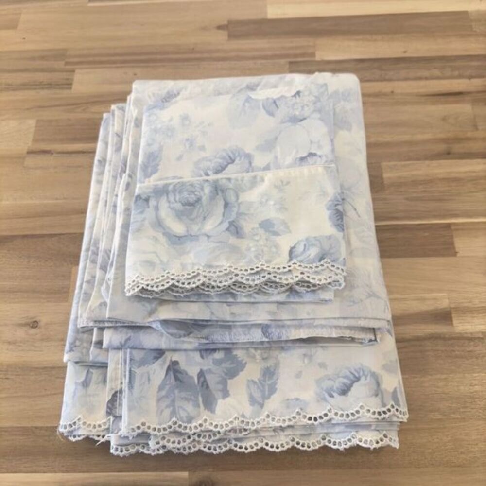 Rare Eileen West Martex Blue Peony Floral QUEEN Sheet Set 4PC Eyelet Lace Trim